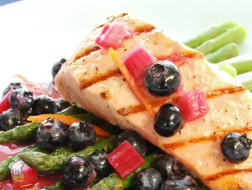 Seared Salmon with Rhubarb and Blueberries