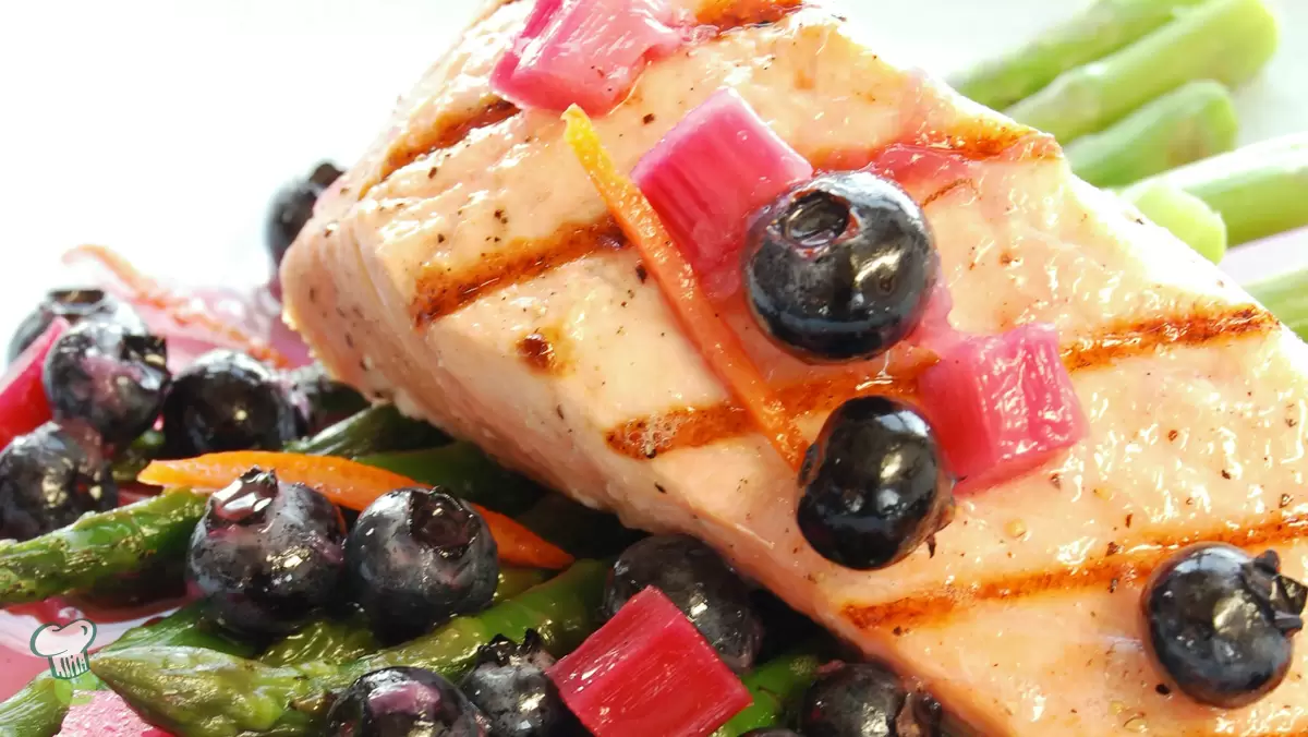Heart Healthy Seared Salmon with Rhubarb and Blueberries