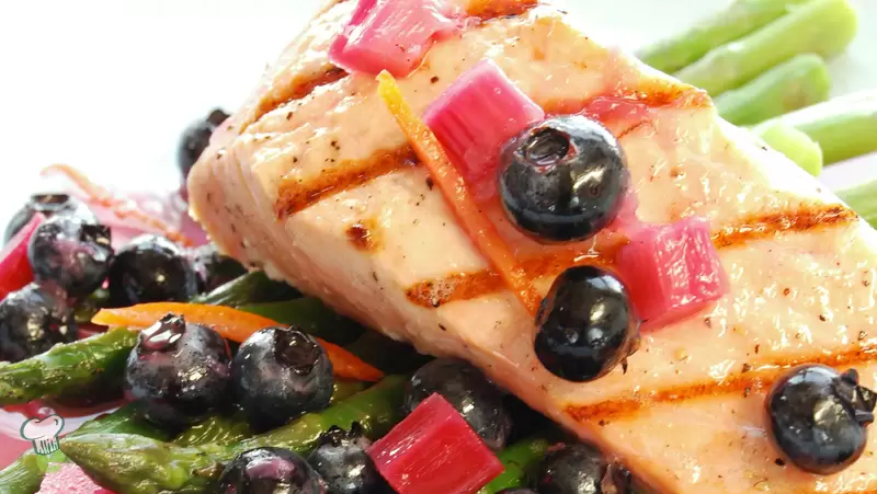Heart Healthy Seared Salmon with Rhubarb and Blueberries