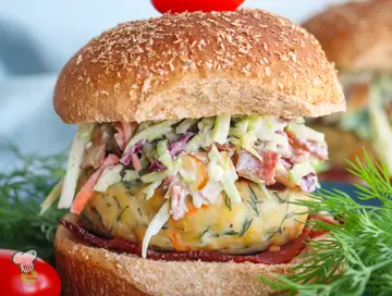Dill Chicken Burgers with Bacon Broccoli Slaw