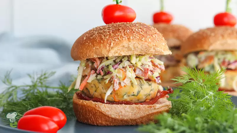 Heart Healthy Dill Chicken Burgers with Bacon Broccoli Slaw
