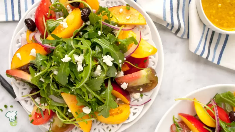 Heart Healthy Peach, Tomato and Olive Salad