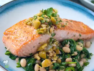 Seared Salmon over Spinach and Olive Relish