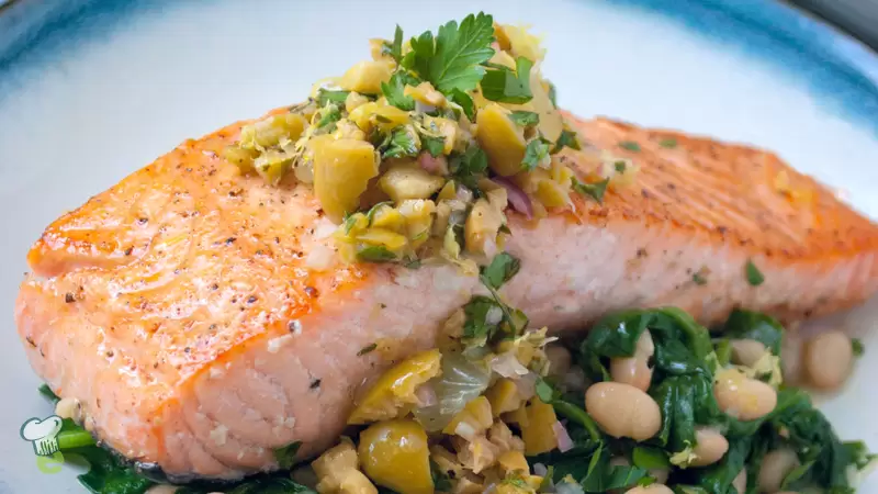 Heart Healthy Seared Salmon over Spinach and Olive Relish