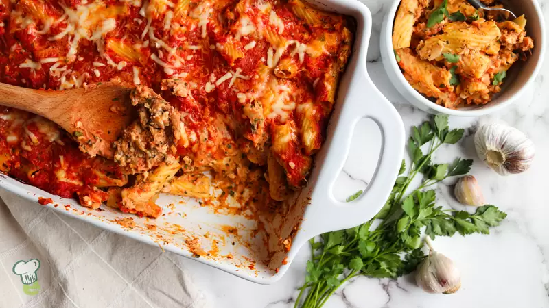 Healthy High Protein Baked Ziti with Ground Chicken