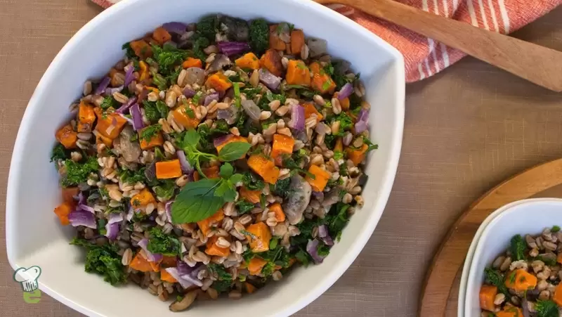 Heart-Healthy Kale Sweet Potato and Farro Salad