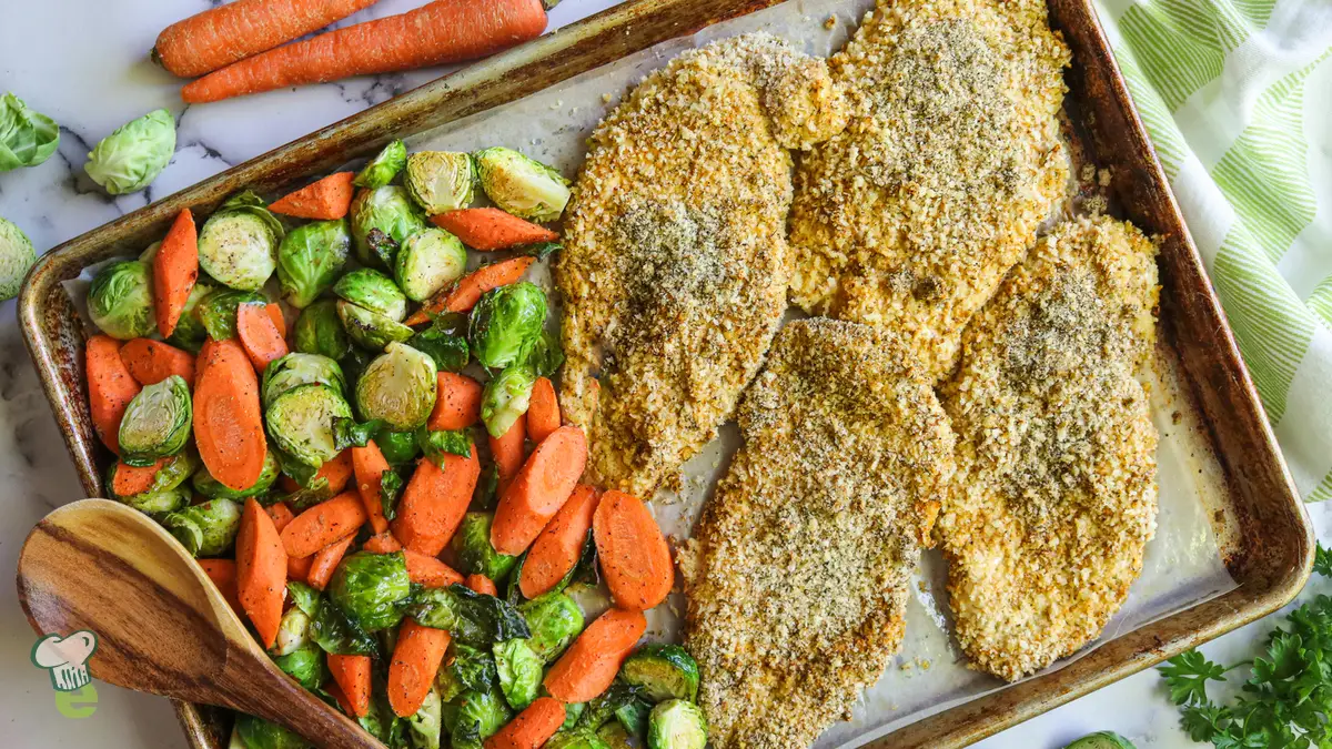 Heart Healthy Crispy Ranch Chicken with Roasted Brussels Sprouts and Carrots