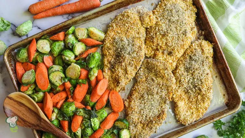 Heart Healthy Crispy Ranch Chicken with Roasted Brussels Sprouts and Carrots