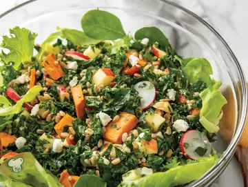 Warm Roasted Sweet Potato, Farro and Greens Salad