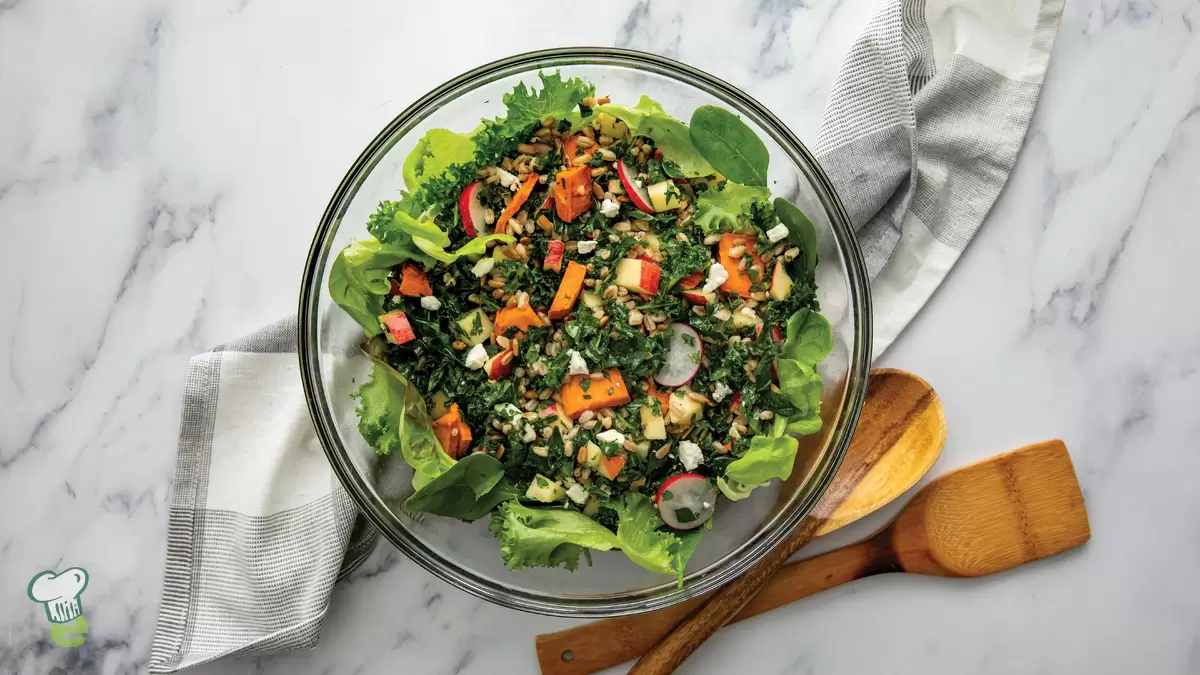 Heart Healthy Warm Roasted Sweet Potato, Farro and Greens Salad
